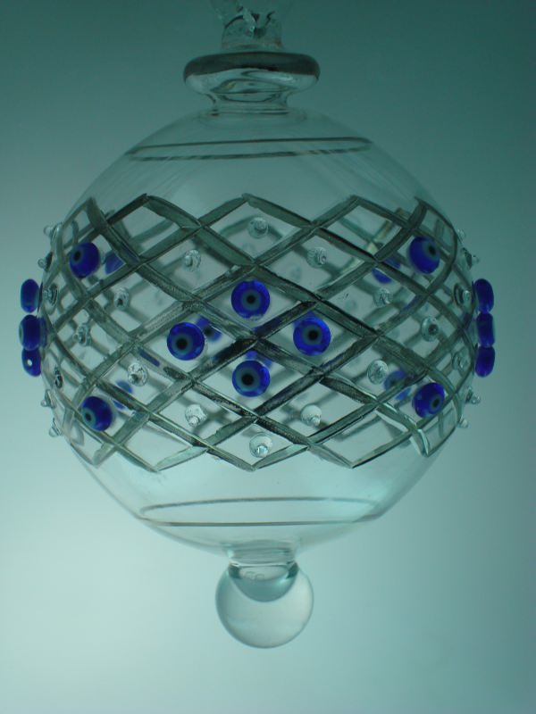 Blown glass lattice ball and blue eyes christmas ornament